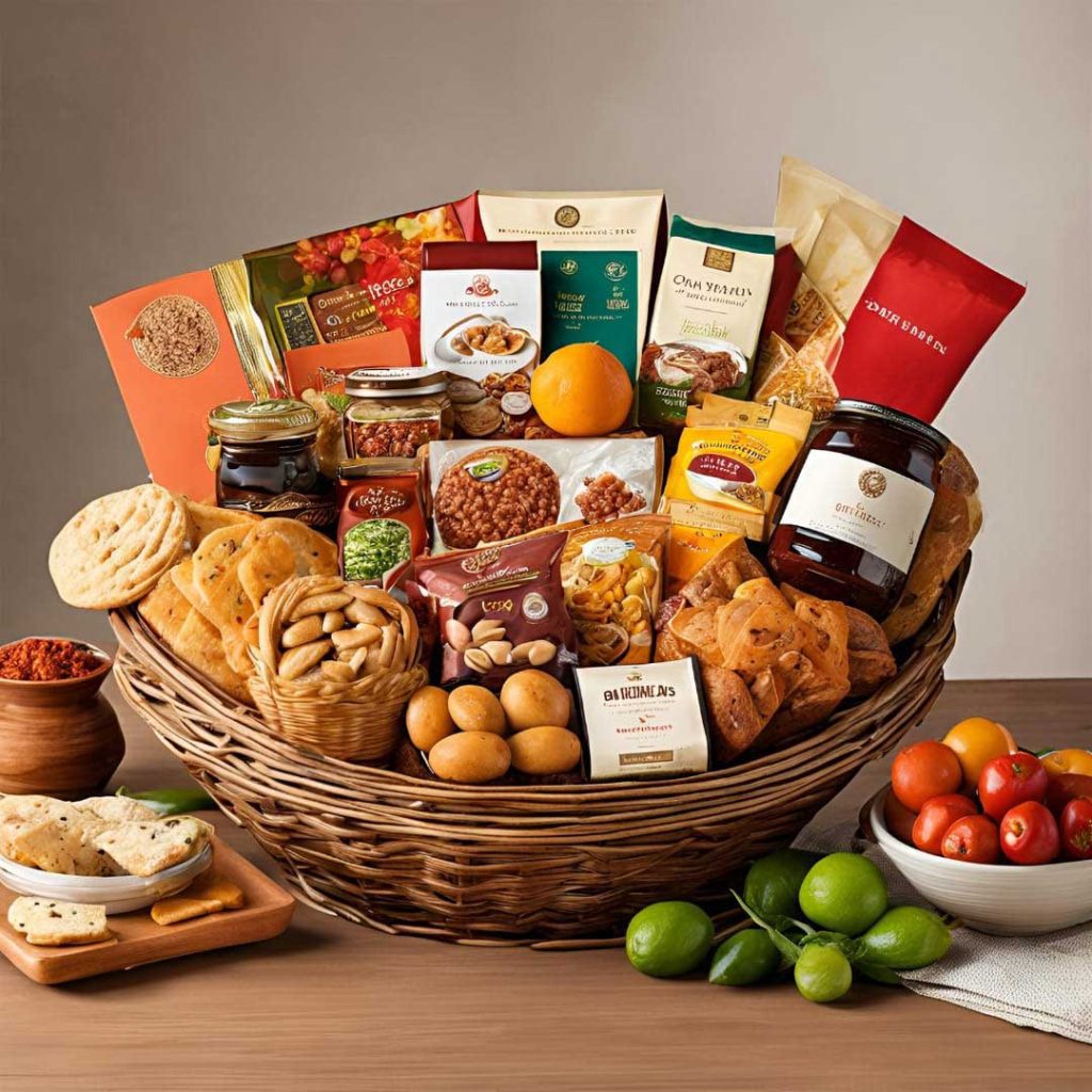Brown gift basket with assorted warm coloured food items